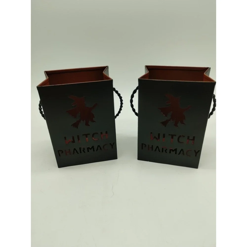Set Of 2 Black Metal Witch Pharmacy Halloween Votive Candle Holders 4.5